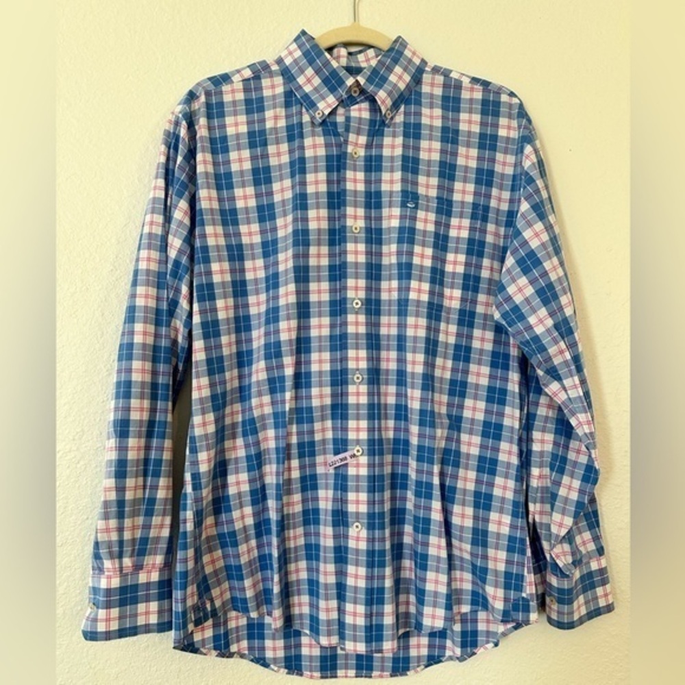 Southern Tide Pink and Blue Plaid long sleeve button down shirt